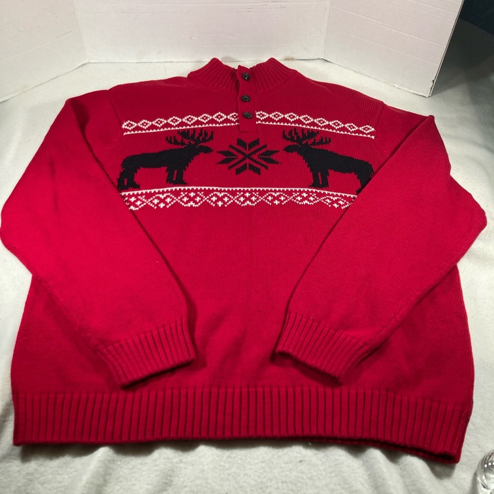 Mens Chaps Red Cotton 3 Button Mock Turtleneck Winter Cabin Moose Sweater